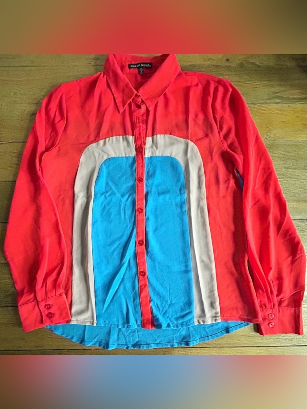Jealous tomato Sheer Colorblock Button-Up Blouse Red Blue Gray Retro Office Top - Picture 5 of 15